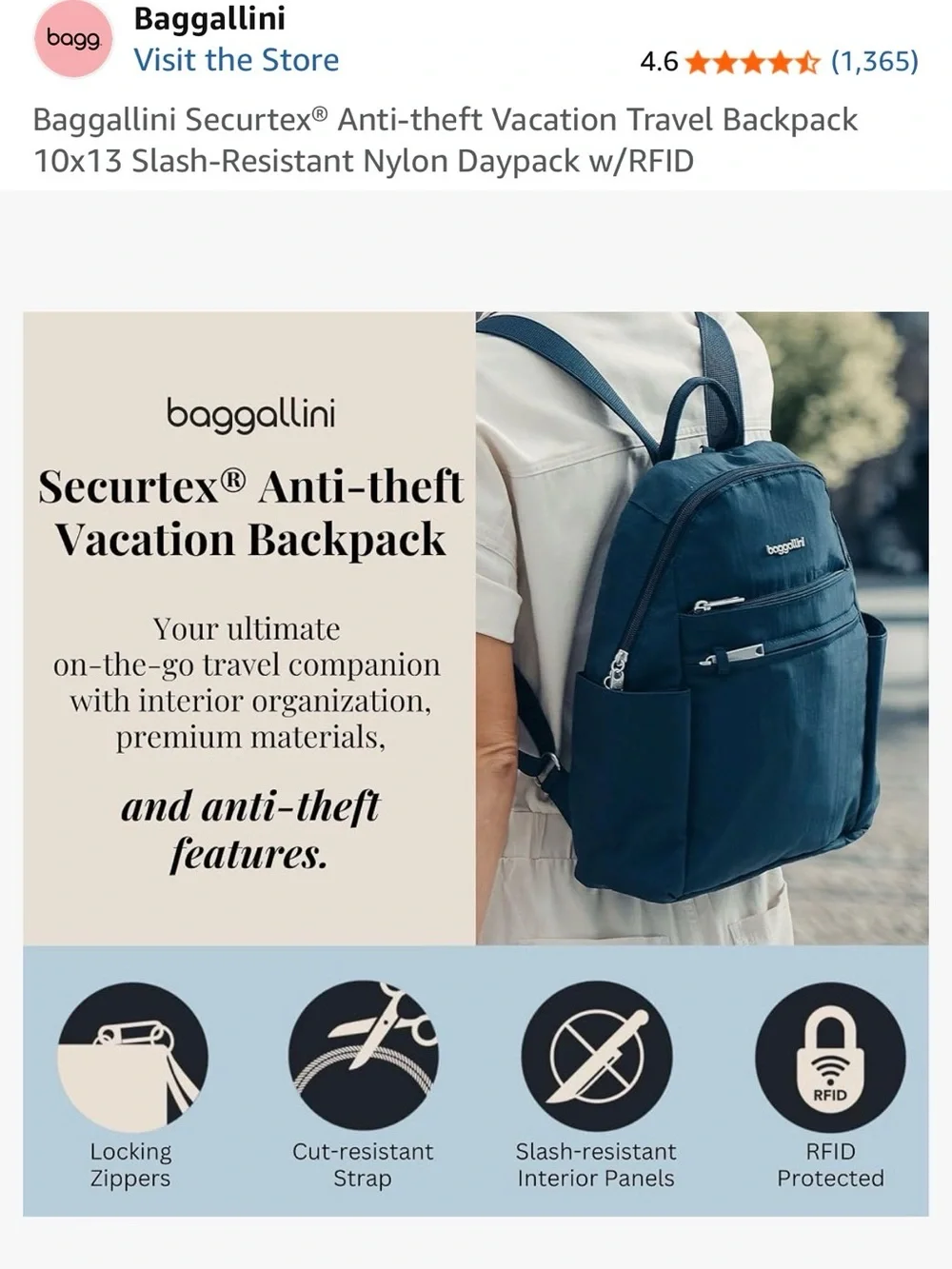 NWT Baggallini Securtex® Anti-theft Vacation Travel Backpack